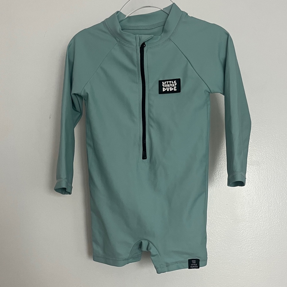 Little Swimmer Dude Sage Green Long-Sleeve Kids Rashguard One-Piece